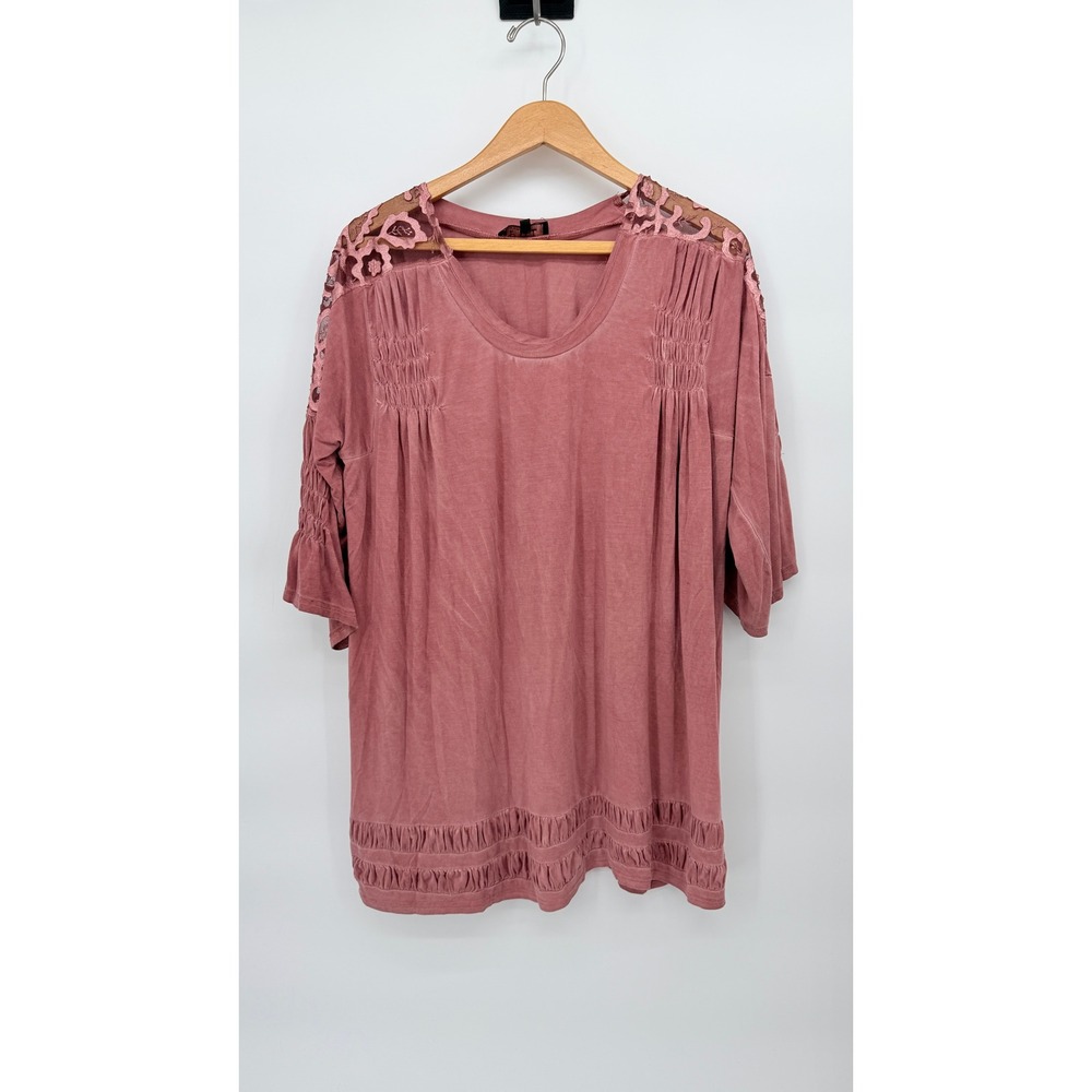 POL Tunic Top Lace Shoulder Smocked Detail Oversized Boho Chic Pink SM** - Picture 11 of 12